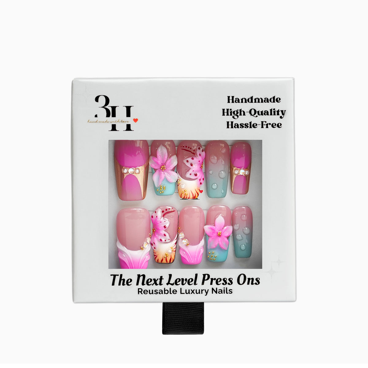 Long square press-on nails with tropical floral design by 3H Nails, featuring vibrant colorful tropical bloom pattern.