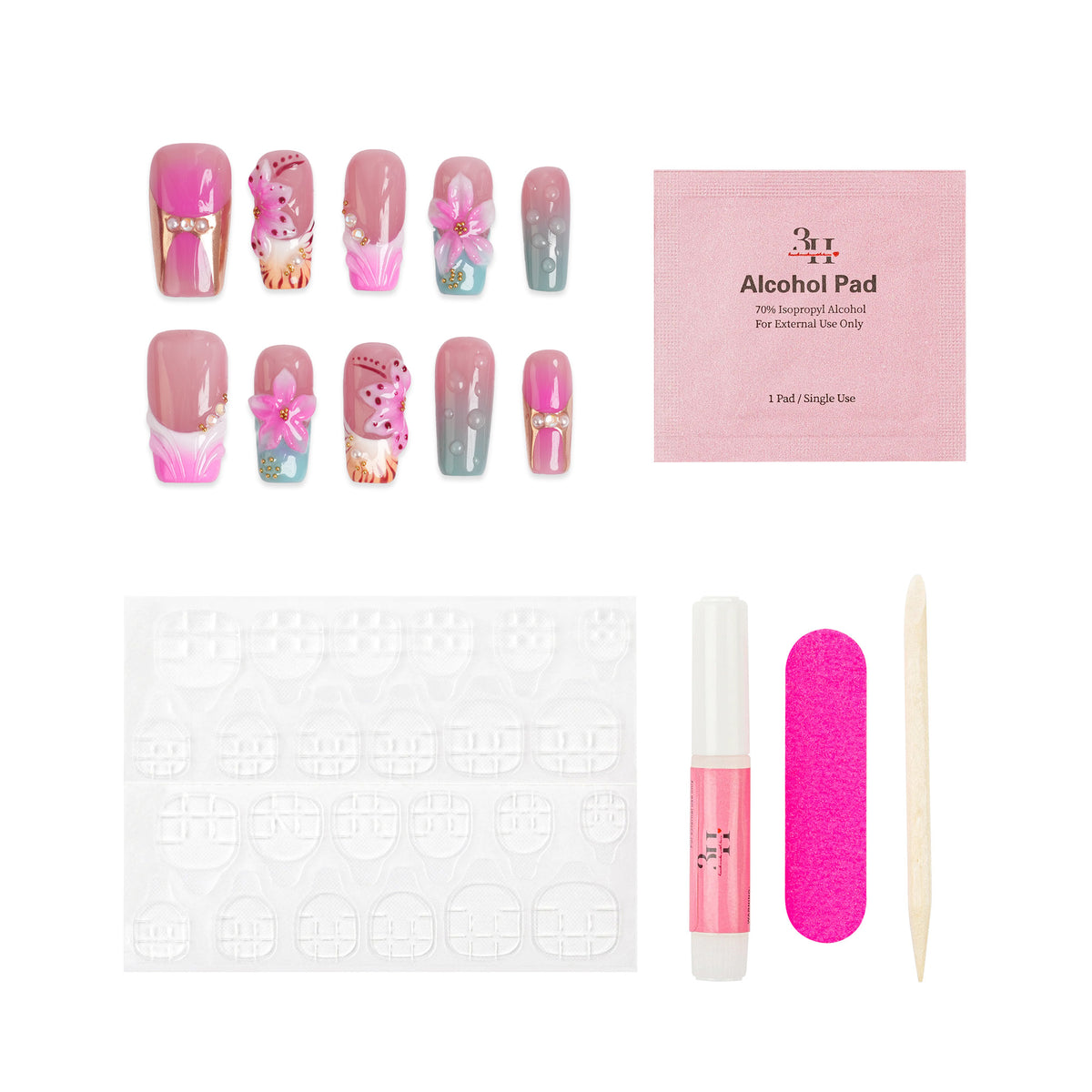 Tropical Bloom long square press-on nails by 3H Nails featuring vibrant floral design and glossy finish.