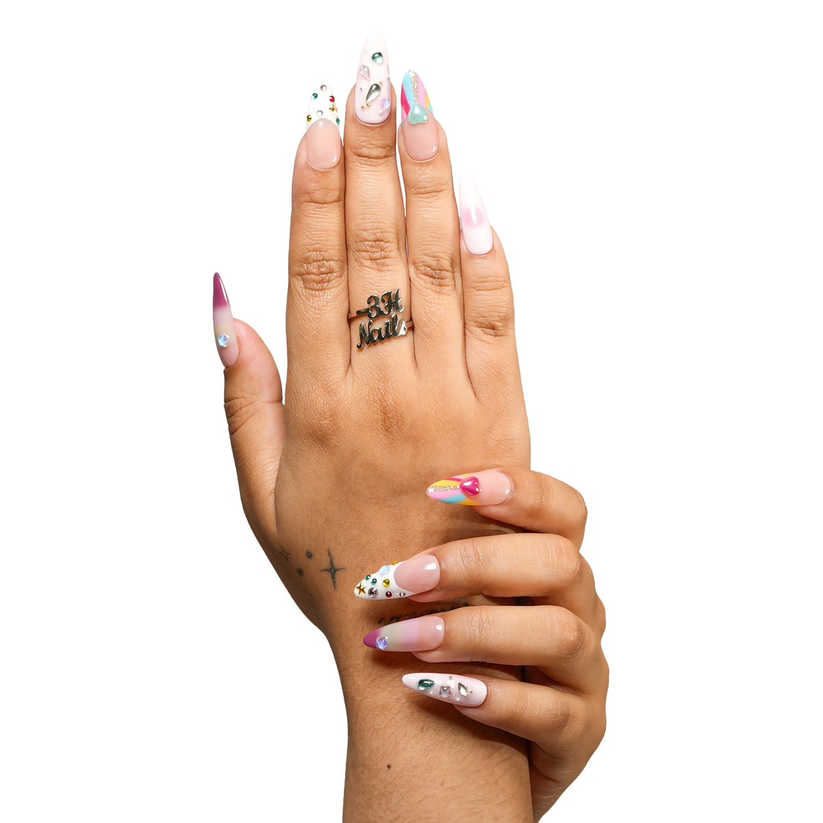 Medium almond press-on nails in San Francisco design by 3H Nails, showcasing a stylish nail art pattern on a natural almond shape.