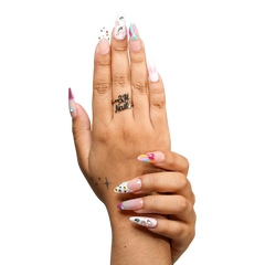 Medium almond press-on nails in San Francisco design by 3H Nails, showcasing a stylish nail art pattern on a natural almond shape.