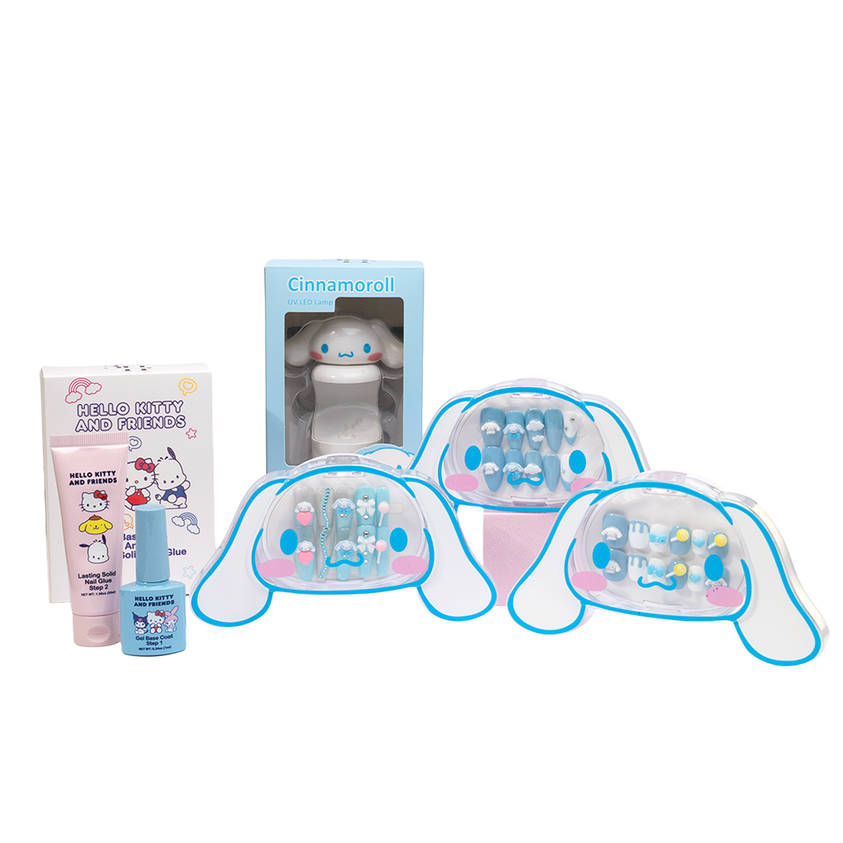 Cinnamoroll complete nail bundle with three press-on nail sets, UV LED lamp, gel base coat and solid nail glue