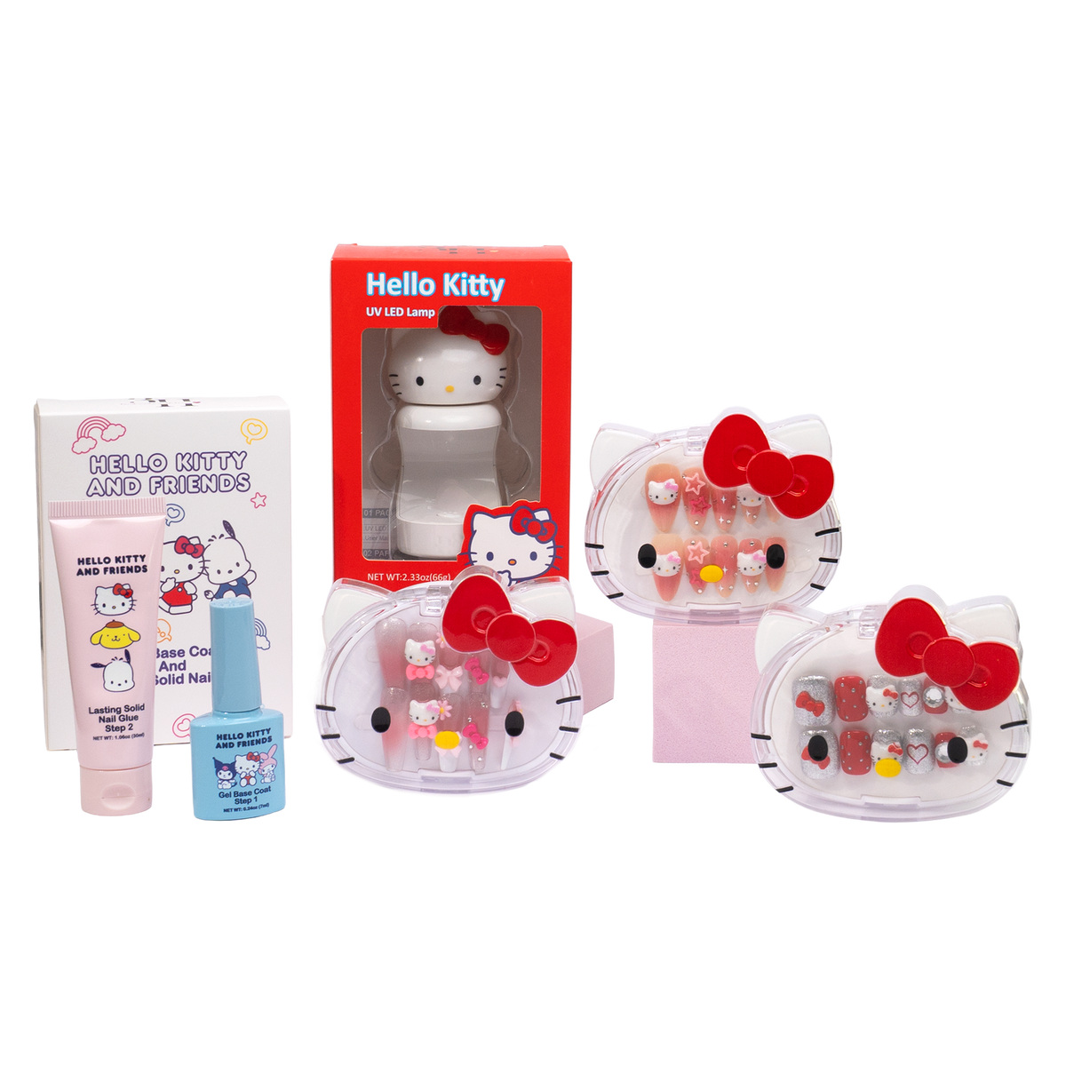 Three Hello Kitty 3D press-on nail designs in character-shaped cases