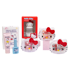 Three Hello Kitty 3D press-on nail designs in character-shaped cases