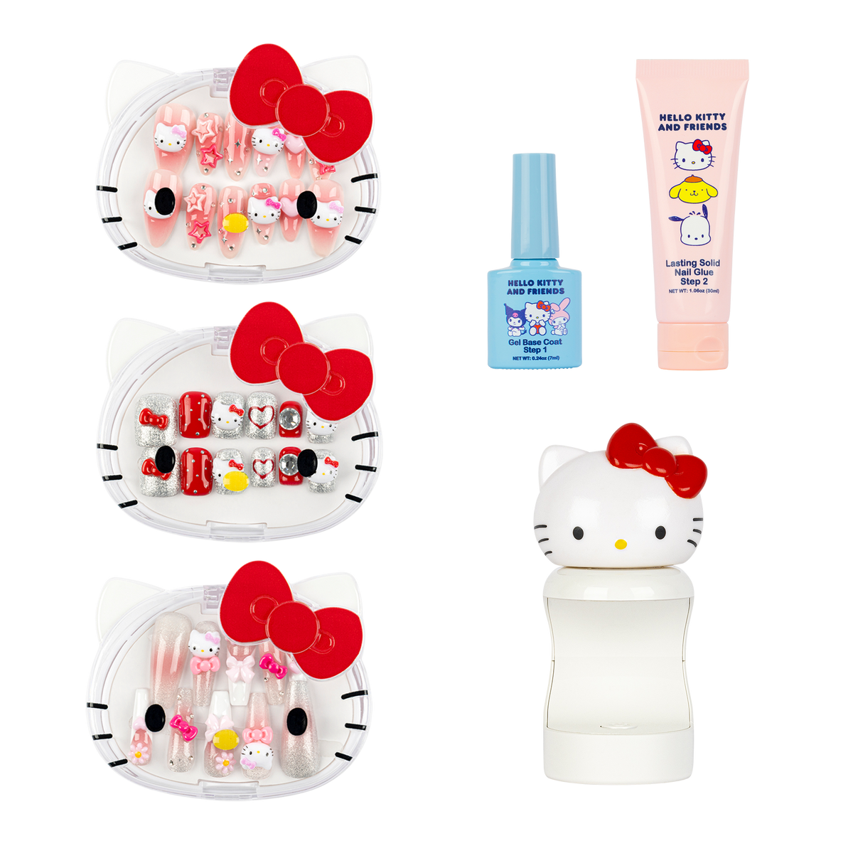 Hello Kitty complete nail bundle with three press-on nail sets, UV LED lamp, gel base coat and solid nail glue