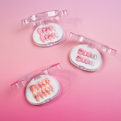 Three My Melody press-on nail designs in pink and white character-shaped cases