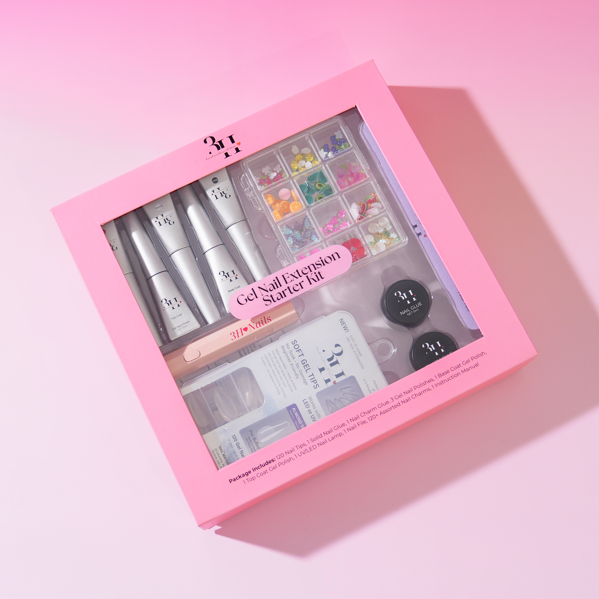 3H Nails Gel Nail Extension Starter Kit with colorful gel polishes and nail tools for professional at-home manicures.