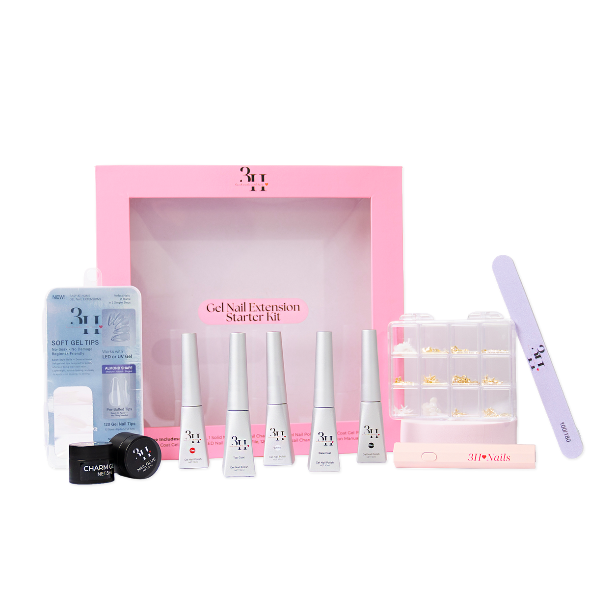 3H Nails Gel Nail Extension Starter Kit with ocean-themed gel polishes and tools for professional nail enhancements.