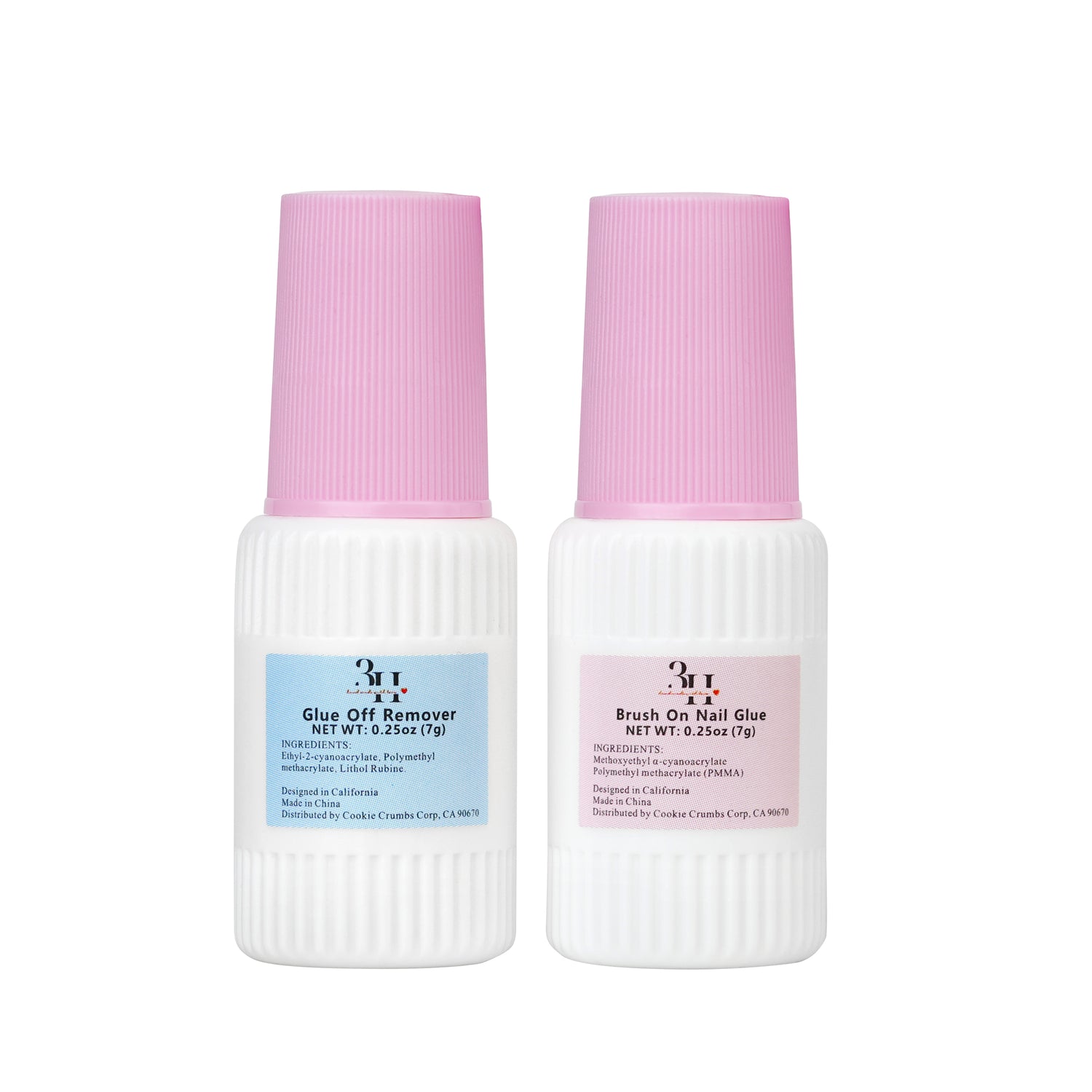 3H Nails brush-on nail glue and removal kit with four applicator brushes for secure nail adhesion and easy removal.