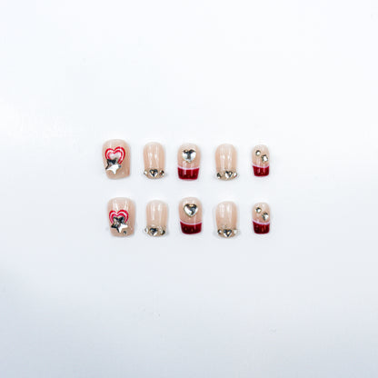 3H Luxury Hand made press on nails-Ruby Bow Charm