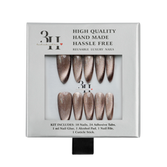Medium almond press-on nails in Lucid Dust color by 3H Nails displayed in the box.