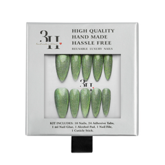 Medium almond press-on nails in Lucid Jade by 3H Nails, displayed inside the product box.