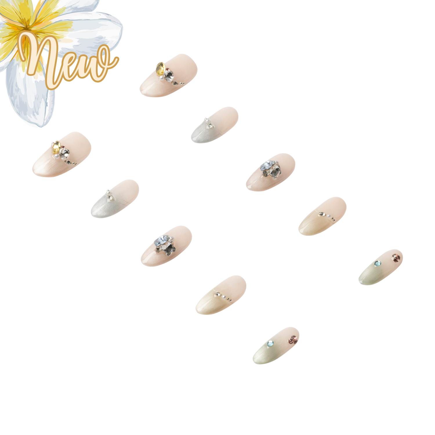 Handmade 3H Nails Twilight Pearl press-on nails in a luxurious pearl design on a white background.