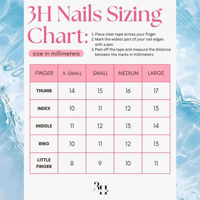 A sizing chart for 3H Nails tape, showing measurements in millimeters for fingers X-Small, Small, Medium, and Large. The chart includes instructions on how to use the clear tape across the finger and peeling it off to measure nail edges.