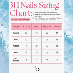3H Nails luxury handmade press-on nails in Y2K Duck Cosmic style, displayed on a sizing chart with various nail sizes.